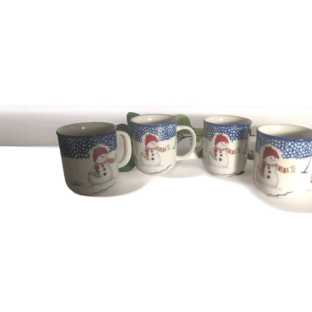 Retired Thomson Pottery Snowman Holiday Set Of 4 Christmas Coffee Cups/Mugs